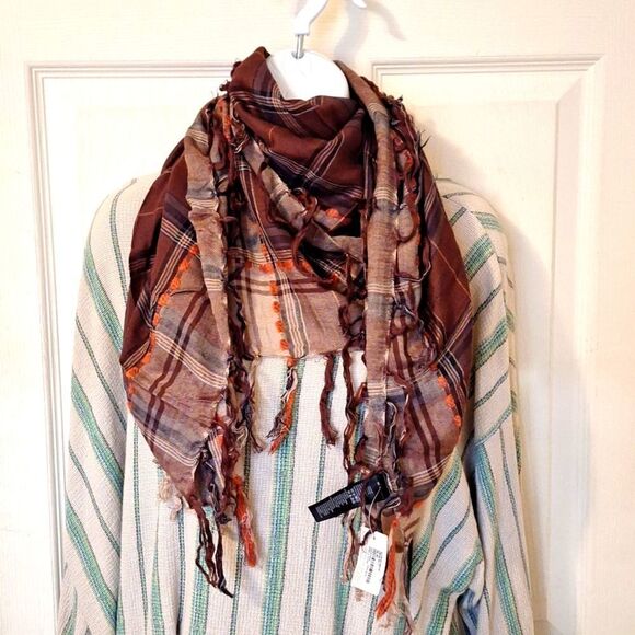 Brown plaid square fringe scarf forever 21 accessory Balaclava shawl wrap - Picture 2 of 7